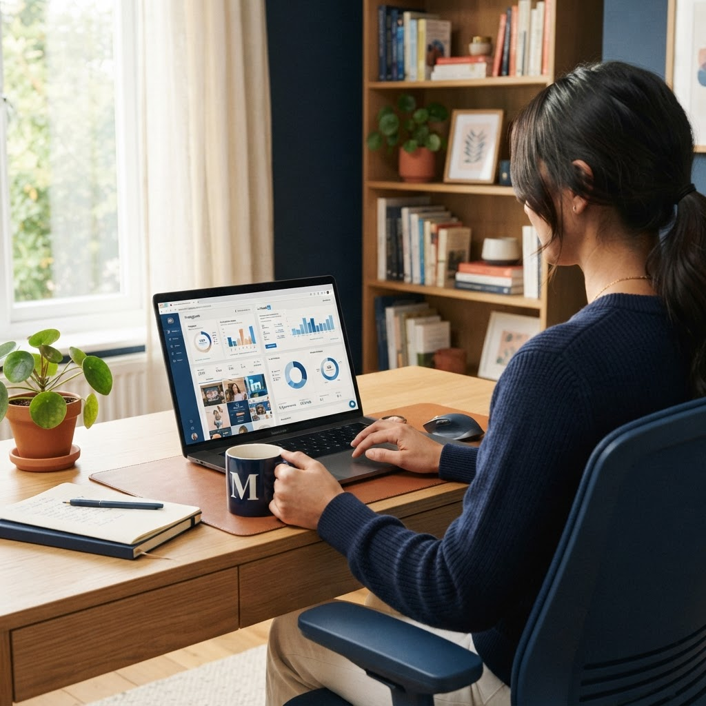 Espaço de trabalho doméstico profissional com computador a mostrar gestão de conteúdo social