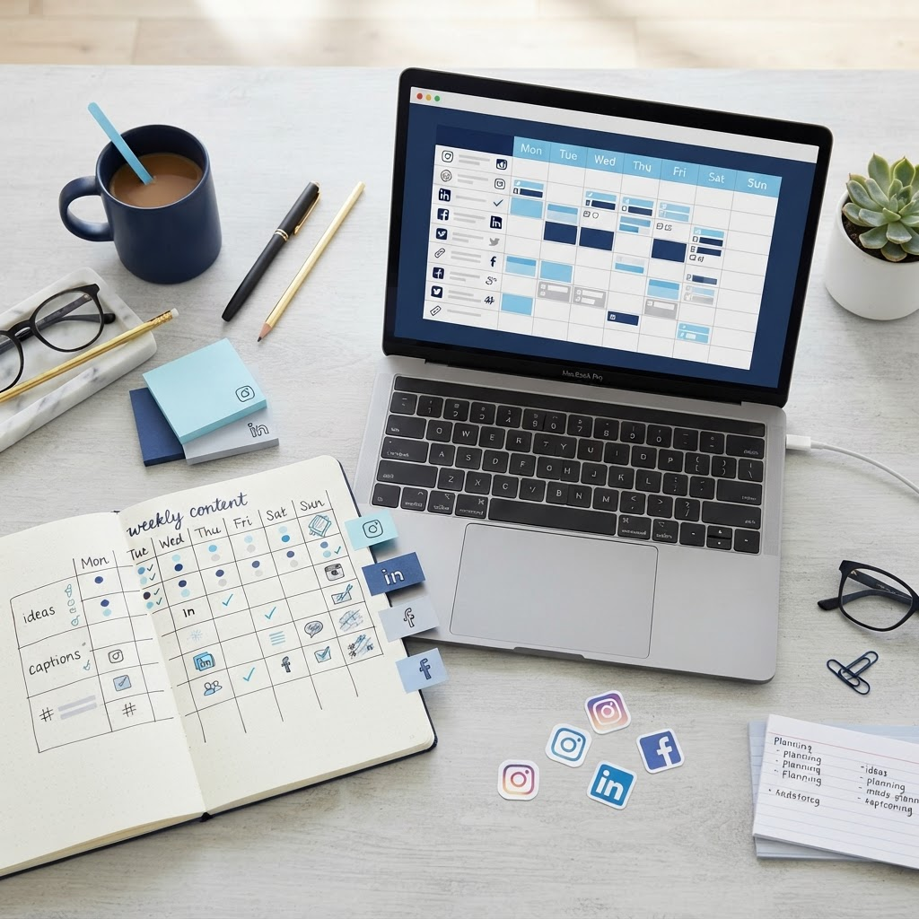 Espaço de trabalho com calendário de conteúdo social organizado, laptop e notas